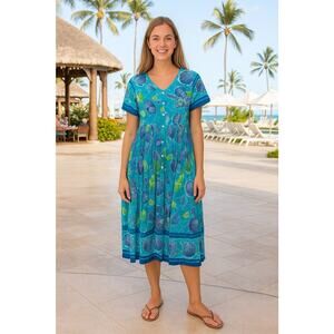 La Cera Floral Cotton Crinkled Button Down Dress,Relaxed Sz-M